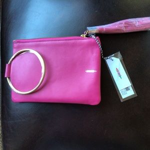 Pink/Gold leather wristlet clutch purse with tassel, Thacker brand